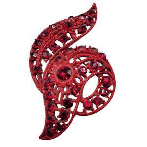 Swirl Knotted Brooch Deep Blood Red Rhinestonea Setting Open Metal Work Vintage